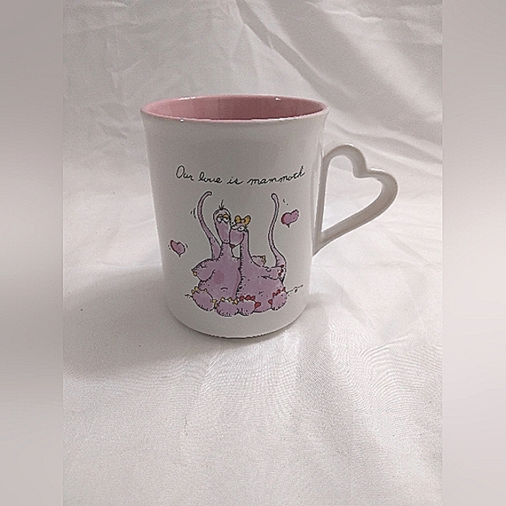 Enesco Vintage 1987 White Ceramic Mug- Pink Interior Heart- Shaped Handle